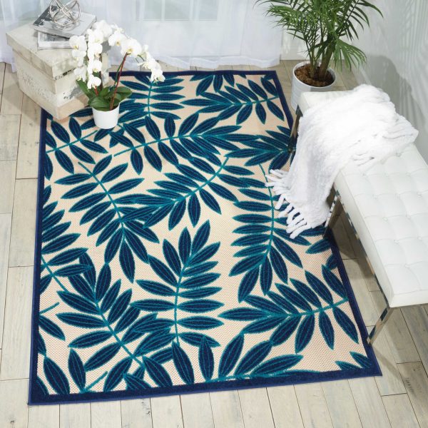 5?x 8?Navy and Beige Leaves Indoor Outdoor Area Rug - Image 4