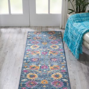 2' x 6?Denim Blue Florals Distressed Runner Rug