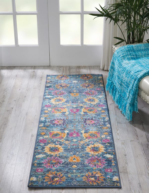 2' x 6?Denim Blue Florals Distressed Runner Rug