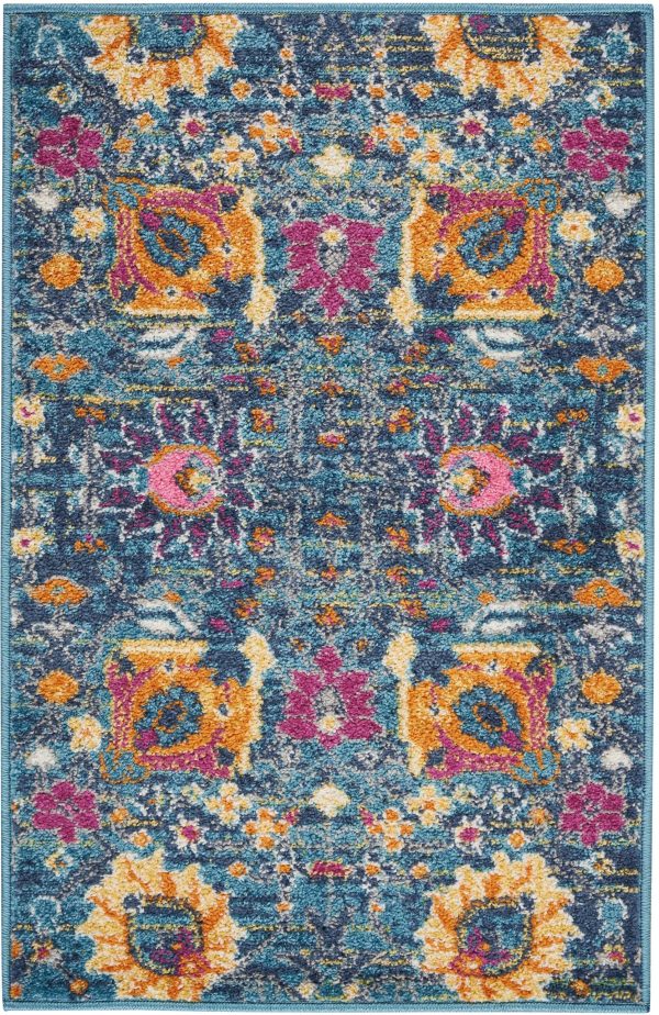 2?x 3?Denim Blue Florals Distressed Scatter Rug