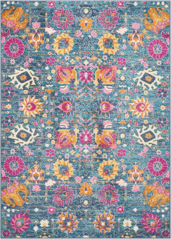 5?x 7?Denim Blue Florals Distressed Area Rug