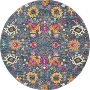5?Round Denim Blue Florals Distressed Area Rug