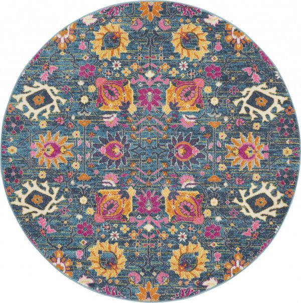 5?Round Denim Blue Florals Distressed Area Rug