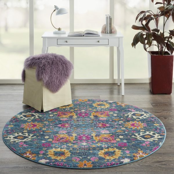 5?Round Denim Blue Florals Distressed Area Rug - Image 3
