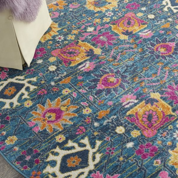 5?Round Denim Blue Florals Distressed Area Rug - Image 4