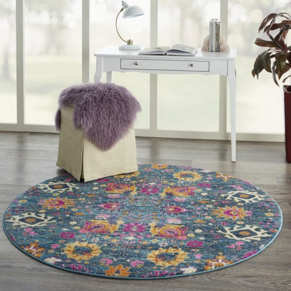 5?Round Denim Blue Florals Distressed Area Rug - Image 5