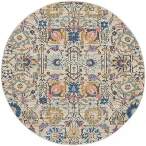 5?Round Ivory and Multicolor Floral Buds Area Rug