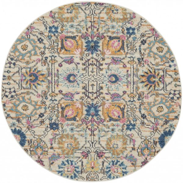 5?Round Ivory and Multicolor Floral Buds Area Rug