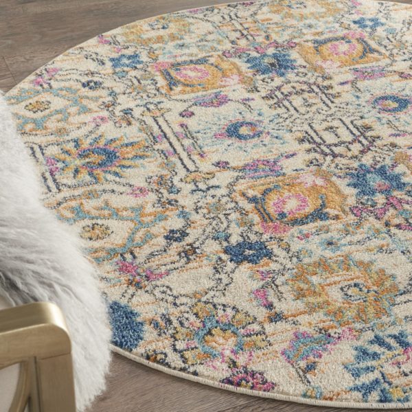 5?Round Ivory and Multicolor Floral Buds Area Rug - Image 5