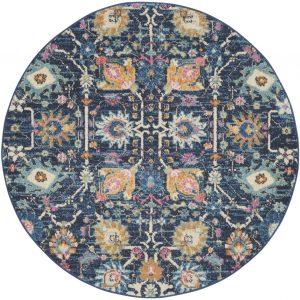 4?Round Navy Blue Floral Buds Area Rug