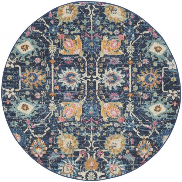 4?Round Navy Blue Floral Buds Area Rug