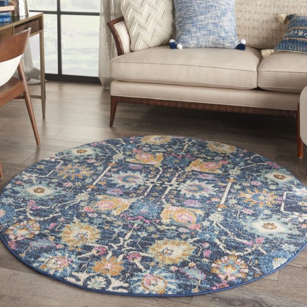 4?Round Navy Blue Floral Buds Area Rug - Image 4