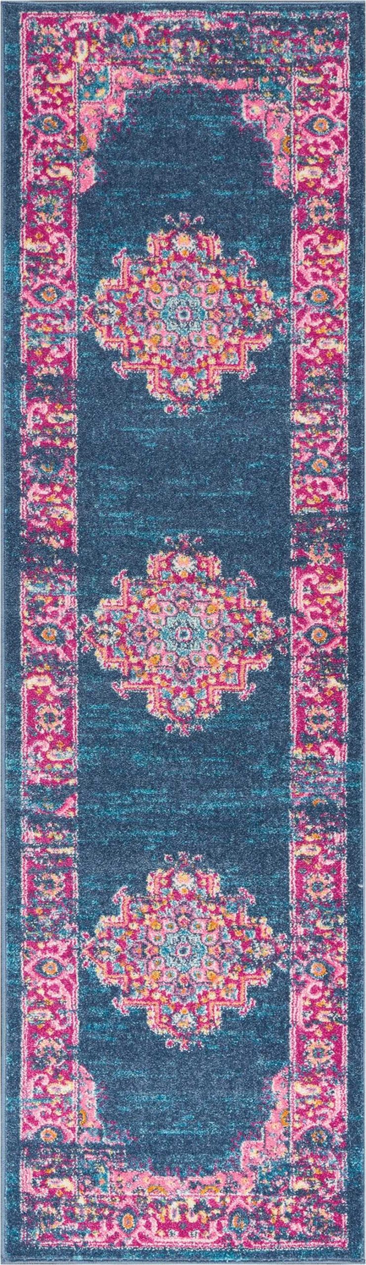 2?x 8?Blue and Pink Medallion Runner Rug