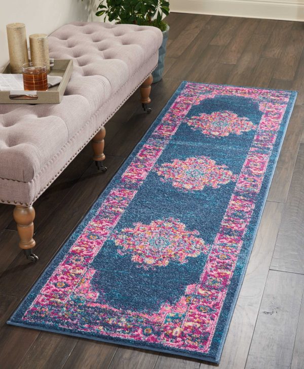 2?x 8?Blue and Pink Medallion Runner Rug - Image 4