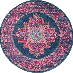4?Round Blue and Pink Medallion Area Rug