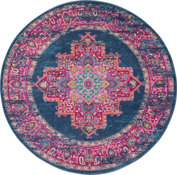 4?Round Blue and Pink Medallion Area Rug