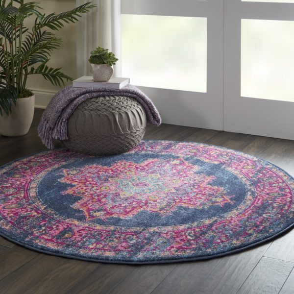 4?Round Blue and Pink Medallion Area Rug - Image 5