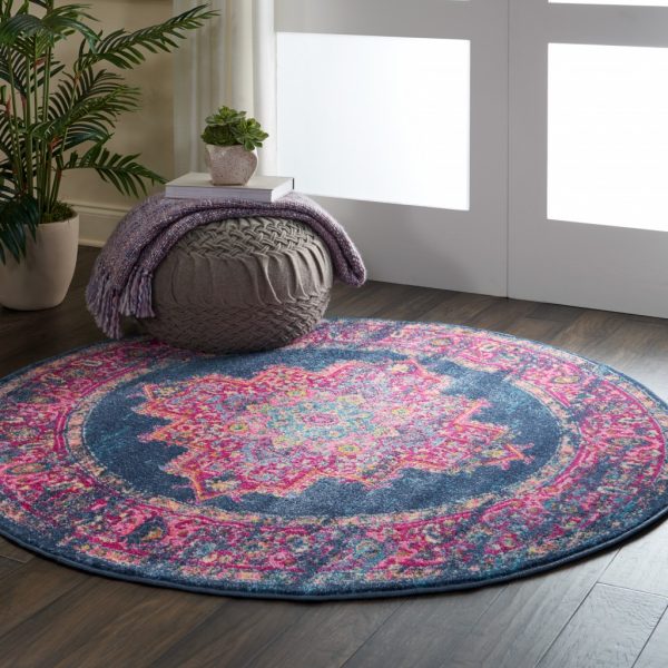 5?Round Blue and Pink Medallion Area Rug - Image 3