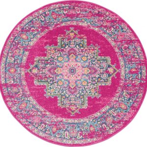 4?Round Fuchsia and Blue Distressed Area Rug
