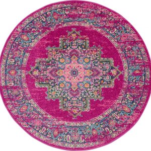 5?Round Fuchsia and Blue Distressed Area Rug