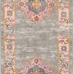 2?x 10?Gray and Gold Medallion Runner Rug