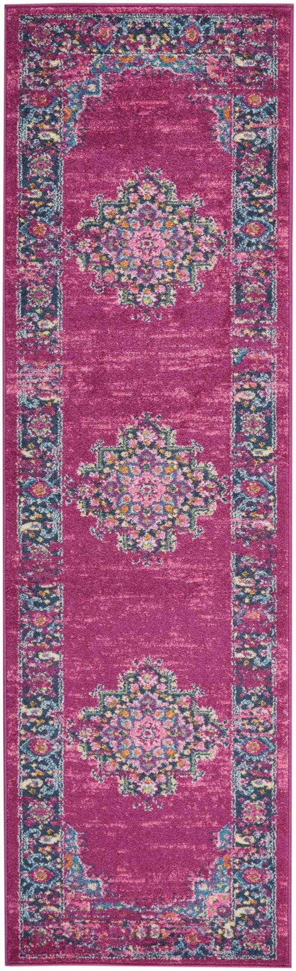 2?x 8?Fuchsia and Blue Distressed Runner Rug