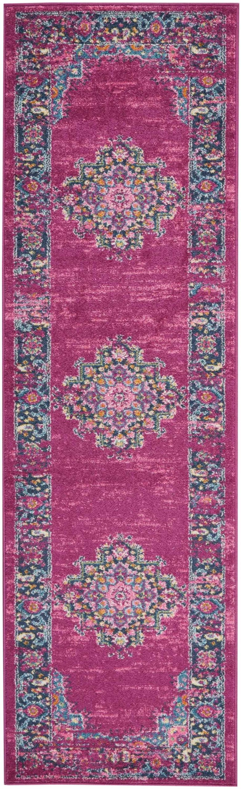 2?x 8?Fuchsia and Blue Distressed Runner Rug