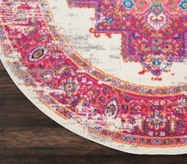 4?Round Ivory and Fuchsia Distressed Area Rug - Image 2