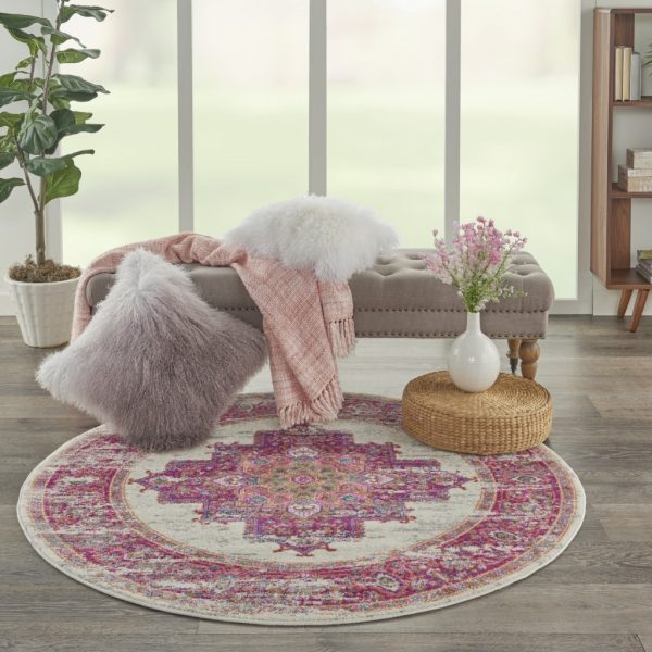 4?Round Ivory and Fuchsia Distressed Area Rug - Image 3