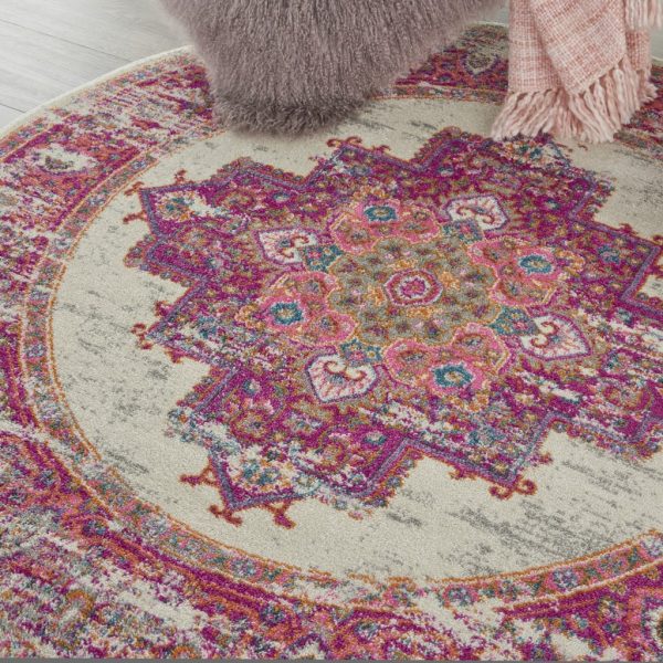 4?Round Ivory and Fuchsia Distressed Area Rug - Image 4