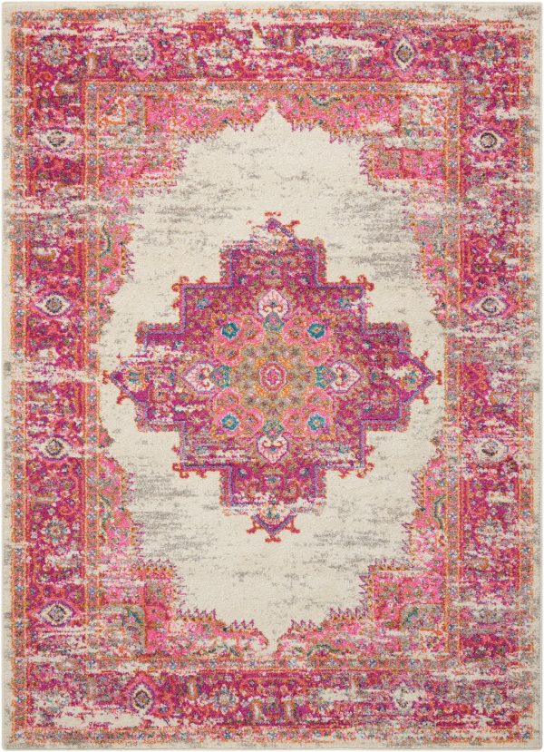 5?x 7' Ivory and Fuchsia Distressed Area Rug