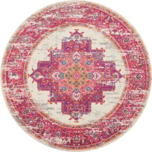 5?Round Ivory and Fuchsia Distressed Area Rug