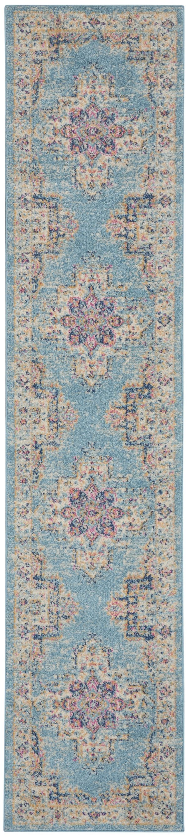 2?x 10?Light Blue Distressed Medallion Runner Rug
