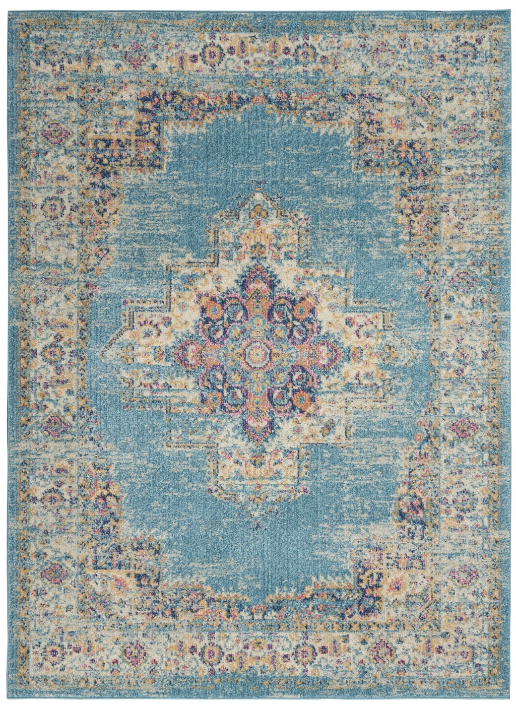 5抶7?Light Blue Distressed Medallion Area Rug