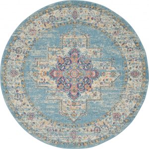 5?Round Light Blue Distressed Medallion Area Rug