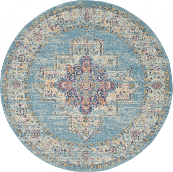5?Round Light Blue Distressed Medallion Area Rug