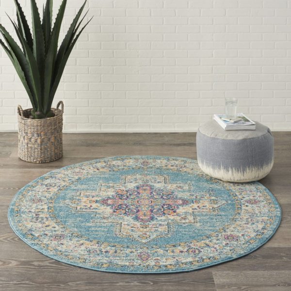 5?Round Light Blue Distressed Medallion Area Rug - Image 4
