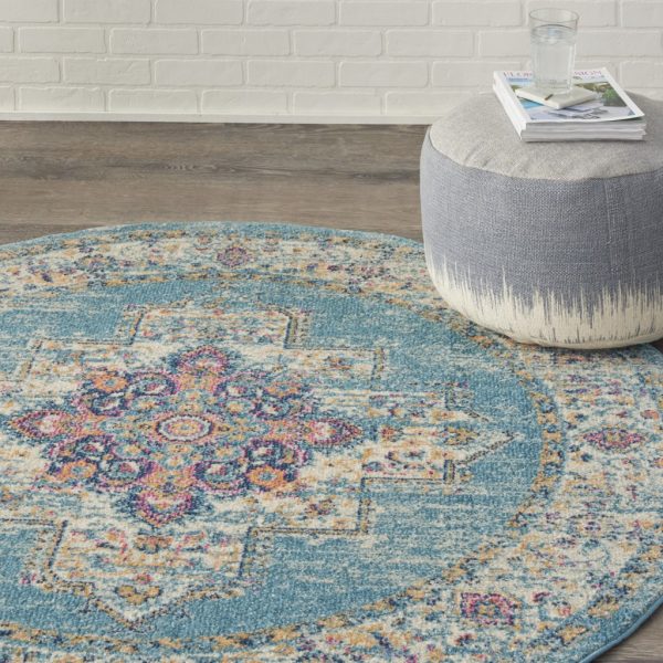5?Round Light Blue Distressed Medallion Area Rug - Image 5