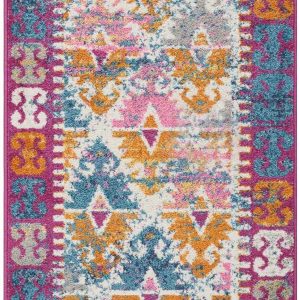 2?x 8?Ivory and Magenta Tribal Pattern Runner Rug