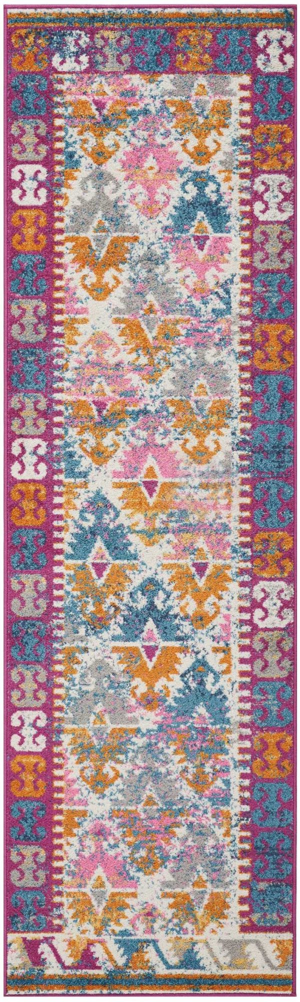 2?x 8?Ivory and Magenta Tribal Pattern Runner Rug