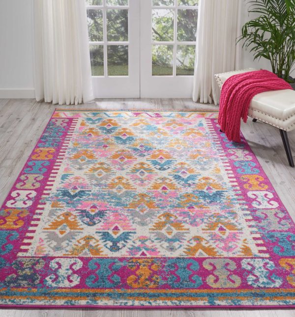 5?x 7?Ivory and Magenta Tribal Pattern Area Rug - Image 4