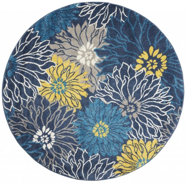 5?Round Blue Tropical Flower Area Rug