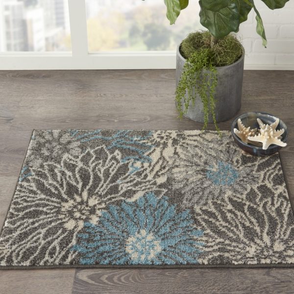 2?x 3?Charcoal and Blue Big Flower Scatter Rug - Image 4