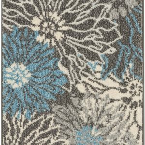 2?x 6?Charcoal and Blue Big Flower Runner Rug