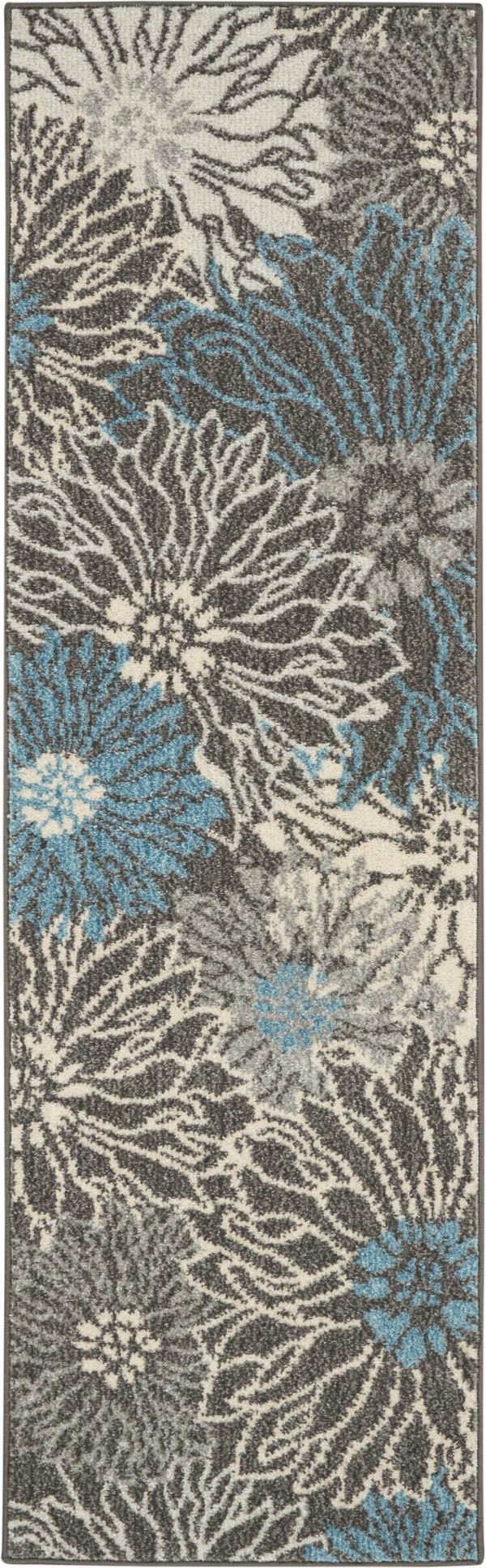 2?x 6?Charcoal and Blue Big Flower Runner Rug