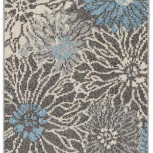 2?x 10?Charcoal and Blue Big Flower Runner Rug