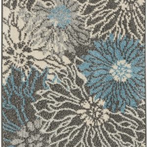 2?x 8?Charcoal and Blue Big Flower Runner Rug