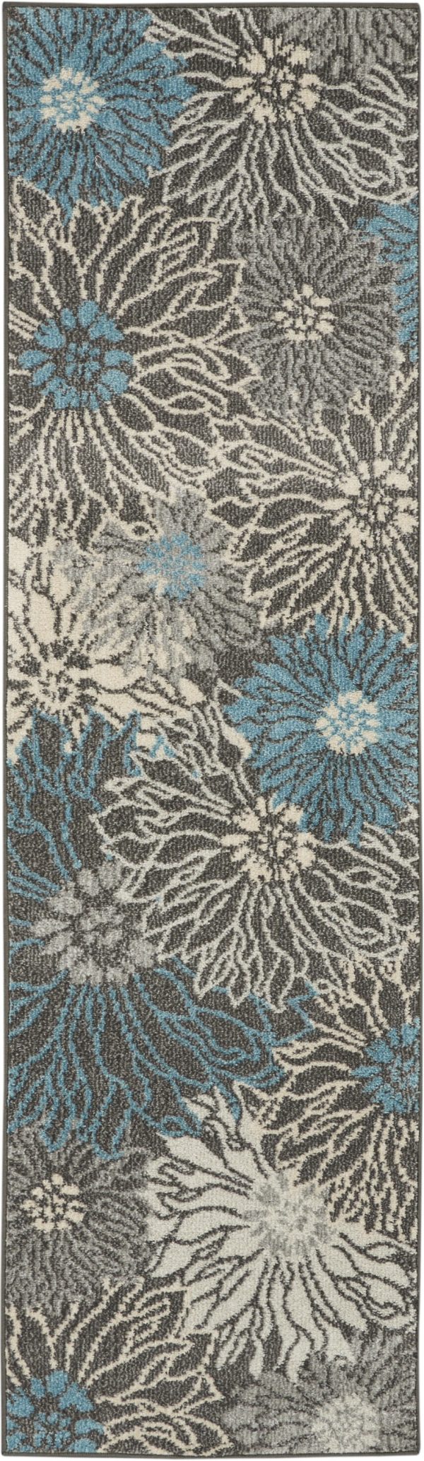 2?x 8?Charcoal and Blue Big Flower Runner Rug