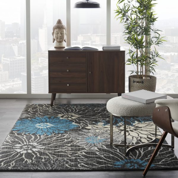 4?x 6?Charcoal and Blue Big Flower Area Rug - Image 4
