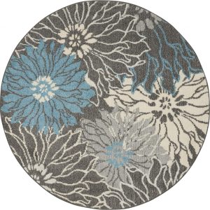 4?Round Charcoal and Blue Big Flower Area Rug